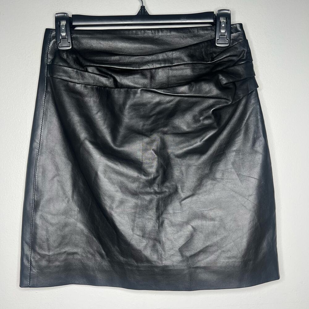 AllSaints Black Leather Mini Skirt Size 6 Side Ruched‎ Goth Biker Punk Pencil